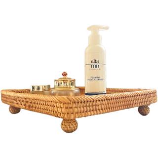 i-lan 12.5" Square Rattan Pedestal Serving Basket, Footed Wicker Bread & Fruit Bowl, 1" Shallow Decorative Tra