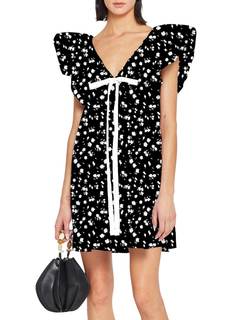 Women's Floral Mini Dress Ruffle Sleeve V Neck Bow Tie Babydoll Dress | Lightweight feel with flowy fit, open 