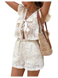 SOLY HUX Women's Summer Vacation Eyelet Short Sets 2 Piece Outfit | Tie Front, Ruffle Crop Top and Shorts, Bea