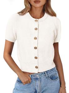 PRETTYGARDEN Womens Summer Cardigan Short Sleeve Sweater | Soft Stretchy Knit,Crewneck Crop Tops,Button down B
