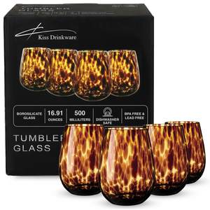 Joseph Sedgh Collection Tortoise Shell Stemless Wine & Water Glass Set of 4 – 16.91 oz Borosilicate Tumblers –