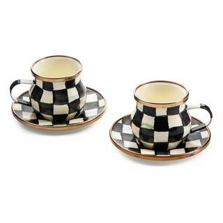 MACKENZIE-CHILDS Espresso Cup & Saucer Set, Black-and-White Courtly Check | Hand-painted design, made from ena