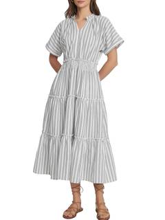 Women's Striped Summer Midi Dress Short Sleeve V Neck A line Maxi Long Dresses Ruffle Boho Beach Vacation Flow