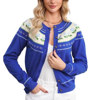 Womens Long Sleeve Open Front Cardigan Sweaters Button Down Crew Neck Floral Print Knit Fall Sweater Top Outer