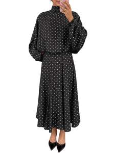 Wenrine Womens 2 Piece Outfits Polka Dots Elegant Tie Fall Maxi Skirt Sets | polka dots,tie bow,long sleeve,st