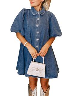 LifeShe Women's Blue Denim Babydoll Mini Dress with Puff Sleeves, Lapel Collar & Diamond Bow Decor