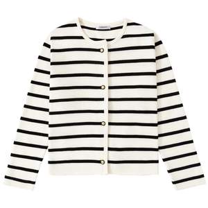 Women's Striped Cardigan Sweater Trendy Long Sleeve Button Down Crewneck Knit Cardigans Large Black+white