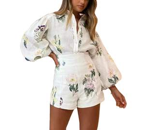 Molilove Womens 2 Piece Outfit Hawaiian Long Sleeve Button Down Shirt Shorts Tracksuit Lounge Set Shorts Set M