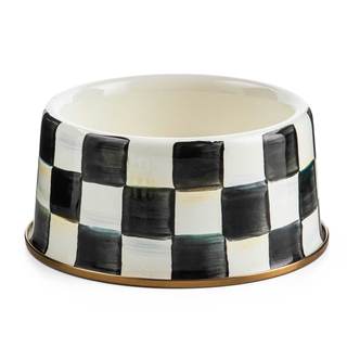 MACKENZIE-CHILDS Enamel Pet Dish, Medium, Black-and-White Courtly Check | Hand-painted design, made from ename