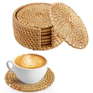 6Pcs Handmade Natural Rattan Coasters Set with Holder, Boho Coastal Decor | Farmhouse Aesthetic Drink Coasters