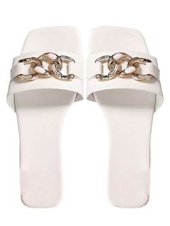 GORGLITTER Women's Flat Sandals Casual Square Open Toe Leather Slide Sandals with Metal Chain 7.5 White