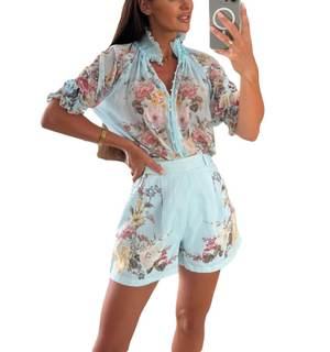 THLAI Women 2 Piece Floral Print Mesh Short Sleeve Shirt Top and Shorts with Pockets Summer Sexy Outfits