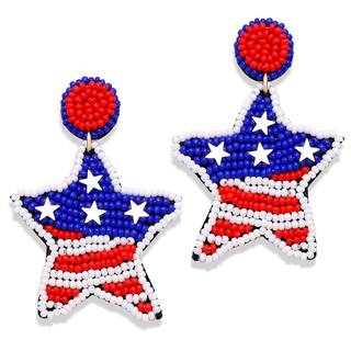 American Flag Beaded Star Drop Dangle Earrings - Patriotic Memorial Day & 4th of July Holiday Earrings B:star