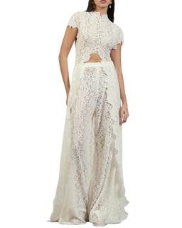 2 Piece Sets for Women Dressy Asymmetrical Lace Top Button Down and Wide Leg Pants Date Outfits Medium White