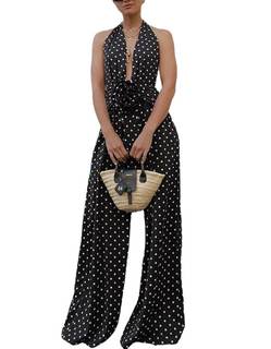 THLAI Sexy Deep Vneck Jumpsuits for Women Polka Dot Halter Neck Backless Wide Leg Jumpsuits Going Out One Piec