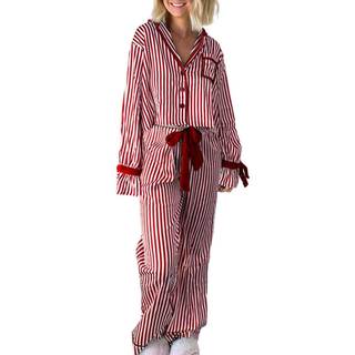 Women Christmas Cute Bow Pajama Sets Satin Silk Xmas Graphic 2 Piece Sleepwear Long Sleeve Shirt Pants Pj Set
