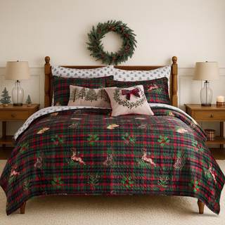 Levtex Home - Merry Tartan Quilt - King Quilt (106x92in.) - Red and Green Velvet Tartan Plaid - Reversible - P
