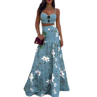 THLAI Women's 2 Piece Sexy Floral Print Skirt Sets Sleeveless Camisole Top Maxi Pleated Skirt Summer Outfits B