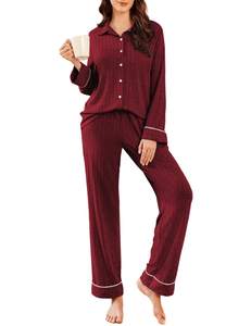 Ekouaer Womens Pajama Sets Long Sleeve Ribbed Knit Lounge Set Button Down Soft 2 Piece Pjs With Pockets Wine R