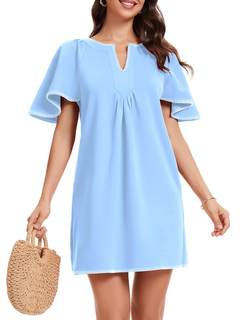 HOULENGS Women's Summer Flutter Short Sleeve A Line Mini Dress Casual Contrast Trim V Neck Short Dress with Po