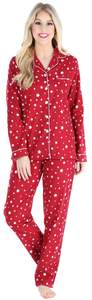 PajamaMania Women's Cotton Flannel Long Sleeve Button-Down Pajamas PJ Set Medium Cranberry Star