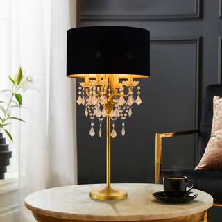 Wellmet Drum Shade Gold Crystal Table Lamp, 4 Light Black Gold Shade, Candle Base for Living Room, Bedroom, Re