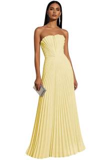 Strapless Chiffon Prom Dresses Teens Long Pleated Flowy A Line Formal Wedding Guest Maxi Dress for Women Yello