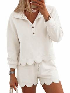 Fisoew Womens 2 Piece Sets Sweatsuits Casual Half Button Long Sleeve Tops and Shorts Sweatshirt Workout Lounge