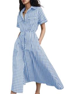 Daacee Women's Gingham Midi Shirt Dress Casual Collared Short Sleeve Tie Belt Button Down Long Cotton Dresses 