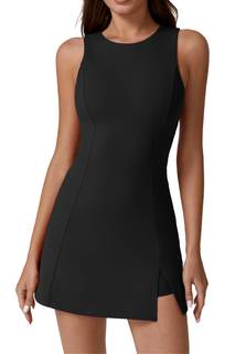 QINSEN Womens Crew Neck Tennis Dress Sleeveless Side Slit Golf Athletic Dress Build in Shorts with Pockets Bla