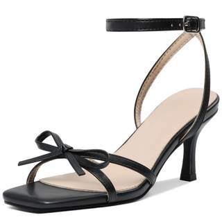 Lyrisiphy Elegant Bow Kitten Heels Women's Buckle Strappy Heel Sandals | Square Open Toe Adjustable Ankle Stra