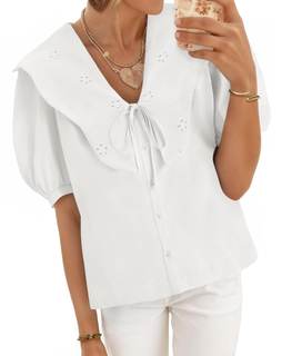 Cicy Bell Womens Peter Pan Collar Shirts Puff Sleeve Button Down Blouse | Eyelet Tops,2026 Trendy,Loose Fit,Bu