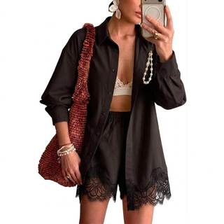 Women's 2 Piece Outfits Lace Trim Button Down Shirt and Shorts Set PJS Set Blouse Lounge Set Small Black