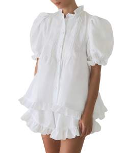Women Ruffle 2 Piece Sets Fashion Puff Sleeve Button Down Shirts and Shorts Cotton Pajamas Sets Medium White