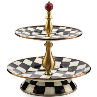 MACKENZIE-CHILDS Two-Tier Sweet Stand, Black-and-White Courtly Check | Hand-painted design, made from enameled