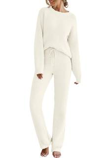 MEROKEETY Womens Cute Fuzzy Lounge Set Cozy Fall Pajamas | 2 Piece Sweater Set, Fleece Loungewear, Crewneck, R