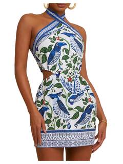 MakeMeChic Women's Boho Mini Dress Summer Beach Vacation Halter Dresses Floral Sundress Small Blue and White
