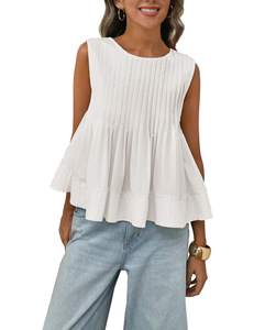 Megfie Womens Summer Pleated Peplum Sleeveless Blouse Tank Tops Round Neck Y2K Babydoll Blouse Shirt Large Whi