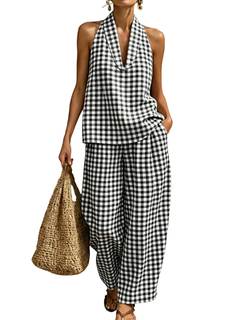 Women's 2 Piece Set Outfits Plaid Tank Tops High Waist Wide Leg Pants Gingham Matching Lounge Sets with Pocket