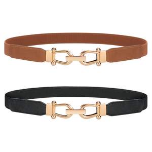 JASGOOD Women Stretchy Waist Belt Retro Elastic Skinny Belt for Ladies with Gold Buckle A-black+brown M Belt L