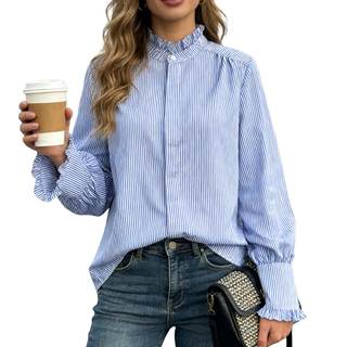Womens Button up Shirts Classic Striped Blue Blouse Ruffle Collar Blouse Striped Long Sleeve Shirt Business To