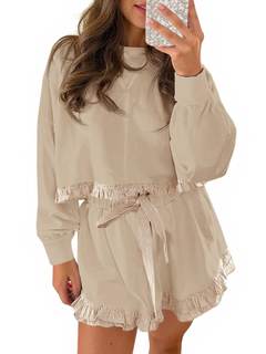 Fisoew Women's 2 Piece Lounge Sets Color Block Ruffle Cropped Sweatshirts Loose Drawstring Waist Shorts Sweats