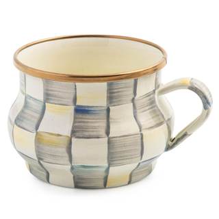 MACKENZIE-CHILDS Enamel Teacup, Unique Coffee and Tea Mug, Enamel Cup for Hot Tea, 10 Ounces, Gray-and-White S