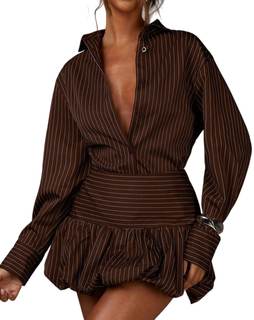 2 Piece Skirt Sets for Women Long Sleeve Button Down Stripe Tops and Mini Bubble Skrit Causal Date Outfits for