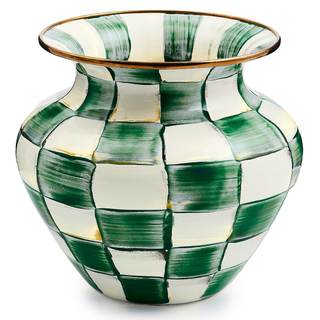 MACKENZIE-CHILDS Enamel Vase, Large, Green-and-White Emerald Check | Hand-painted design, decorative flower va