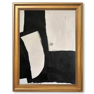 Large Framed Black & White Abstract Color Block Painting Poster Minimalist Textured Geometric Impasto Canvas W