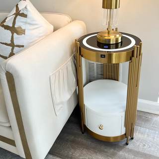 Gold Led Smart Round Nightstand with Drawer,Sofa Narrow End Table with Wireless Charging Station,Small Spaces 