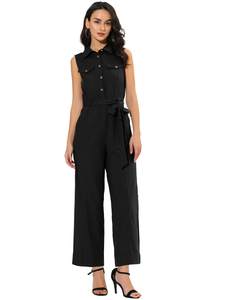 Allegra K Women's Wide Leg Jumpsuit 2026 Sleeveless Collared Tie Waist Coverall Button Down Cargo Cotton Jumps