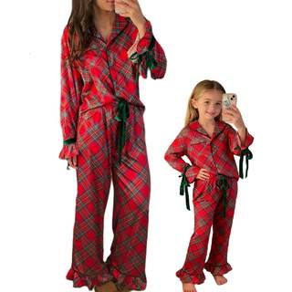 Muineobuka Mommy and Me Holiday Pajamas Set Bow Tie Plaid Striped Santa Xmas Christmas Matching Pjs Set Lounge
