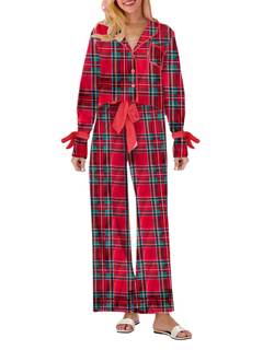Christmas Pajamas for Women Bow Tie Long Sleeve Shirt Pants Satin Silk Xmas 2 Piece Pjs Set Sleepwear